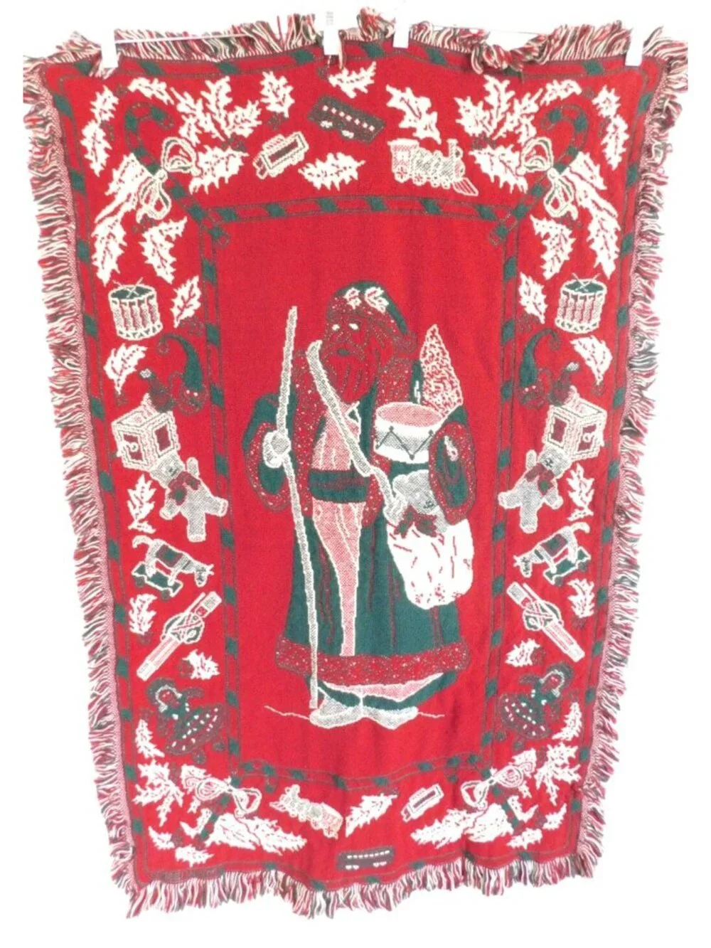 Vintage Santa Claus Woven Tapestry Throw Lap Blanket With Fringe 48